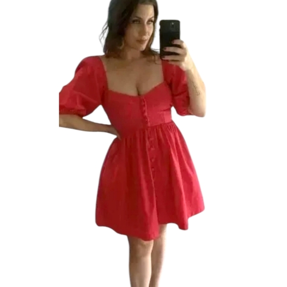 Anthropologie Maeve Sweetheart Dress Red Puffed Slv Smocked Button Close SM FLAW - Picture 16 of 16